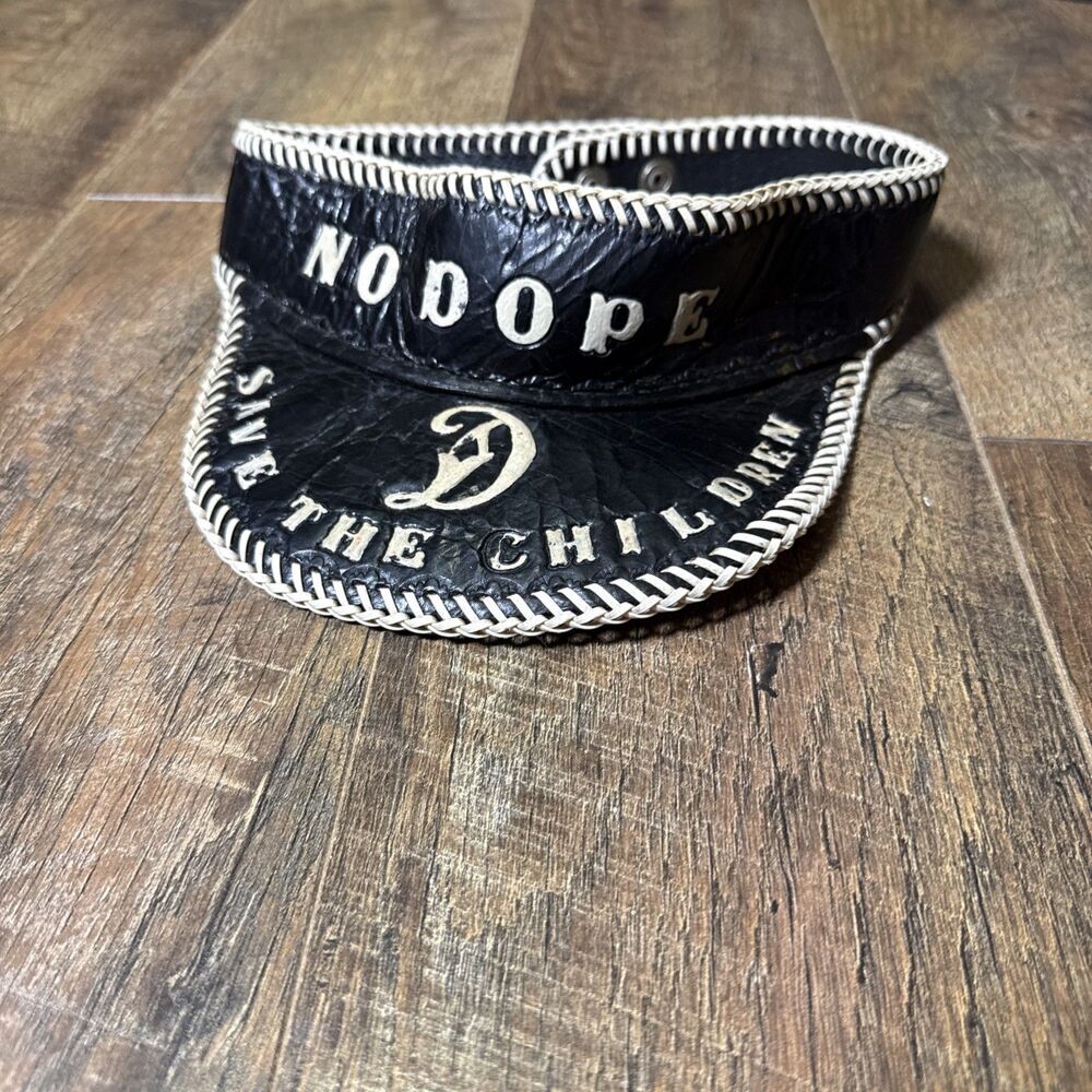 Vintage Handmade Leather Visor No Dope Save The Children Hand Laced Biker Hat